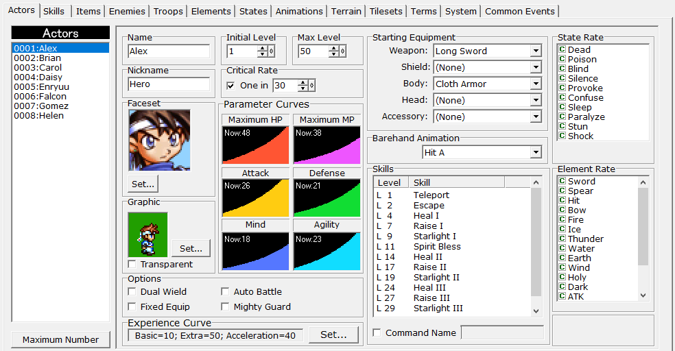 Okno bazy danych ("Database") w "RPG Maker 2000" Okno bazy danych ("Database") w "RPG Maker 2000"