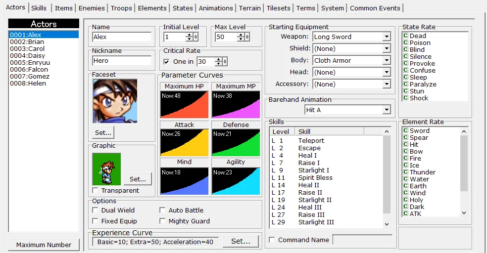 Okno bazy danych ("Database") w "RPG Maker 2000" Okno bazy danych ("Database") w "RPG Maker 2000"