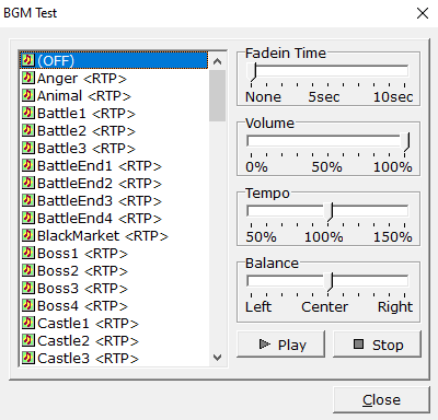 Okno odtwarzacza muzyki ("BGM Test") w "RPG Maker 2000" Okno odtwarzacza muzyki ("BGM Test") w "RPG Maker 2000"