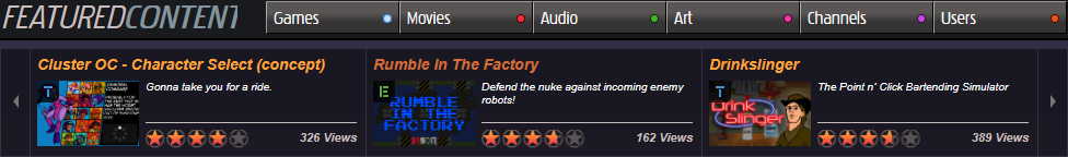 Sekcja "Featured Content" na Newgrounds w dniu 5 marca, 2025 roku