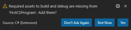 Powiadomienie po utworzeniu projektu C# w "VSCode" Powiadomienie po utworzeniu projektu C# w "VSCode"