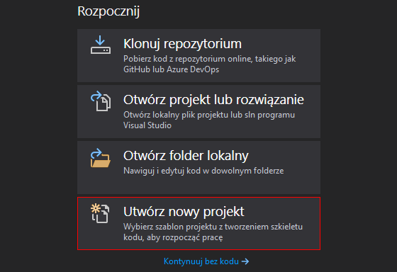 Tworzenie projektu dla pierwszego programu w języku C# w "Visual Studio 2019" Tworzenie projektu dla pierwszego programu w języku C# w "Visual Studio 2019"