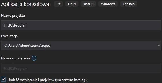 Tworzenie projektu dla pierwszego programu w języku C# w "Visual Studio 2019" - część trzecia Tworzenie projektu dla pierwszego programu w języku C# w "Visual Studio 2019" - część trzecia