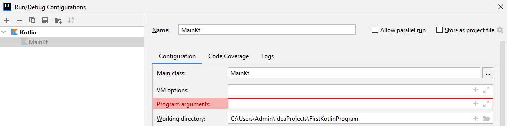 Argumenty do programu w języku Kotlin w "IntelliJIDEA"