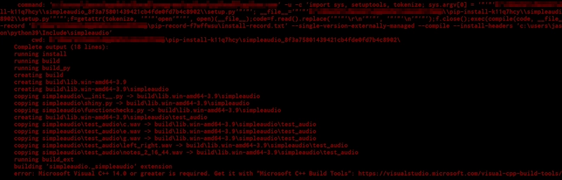 Błąd przy instalacji pakietu "simpleaudio" w systemie "pip" w Pythonie Błąd przy instalacji pakietu "simpleaudio" w systemie "pip" w Pythonie (pakiet "pydub")