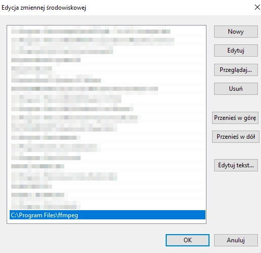 Dodanie zmiennej środowiskowej dla "ffmpeg" w systemie Windows 10 Dodanie zmiennej środowiskowej dla "ffmpeg" w systemie Windows 10
