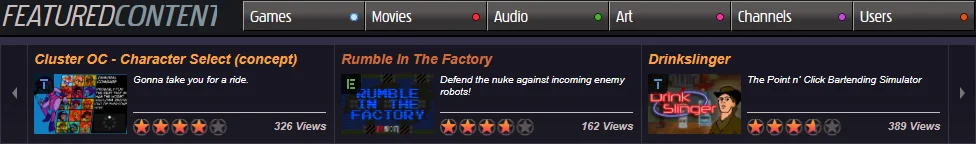 Sekcja "Featured Content" na Newgrounds w dniu 5 marca, 2025 roku Sekcja "Featured Content" na Newgrounds w dniu 5 marca, 2025 roku