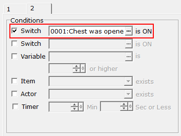 Konfiguracja karty zdarzeń otwartej skrzyni w "RPG Maker 2000"/"RPG Maker 2003"