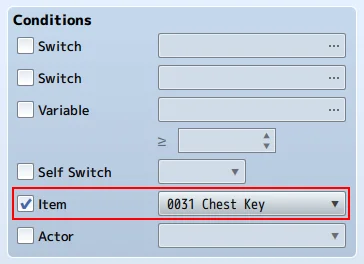Konfiguracja karty zdarzeń skrzyni zamkniętej na klucz w "RPG Maker MZ" Konfiguracja karty zdarzeń skrzyni zamkniętej na klucz w "RPG Maker MZ"