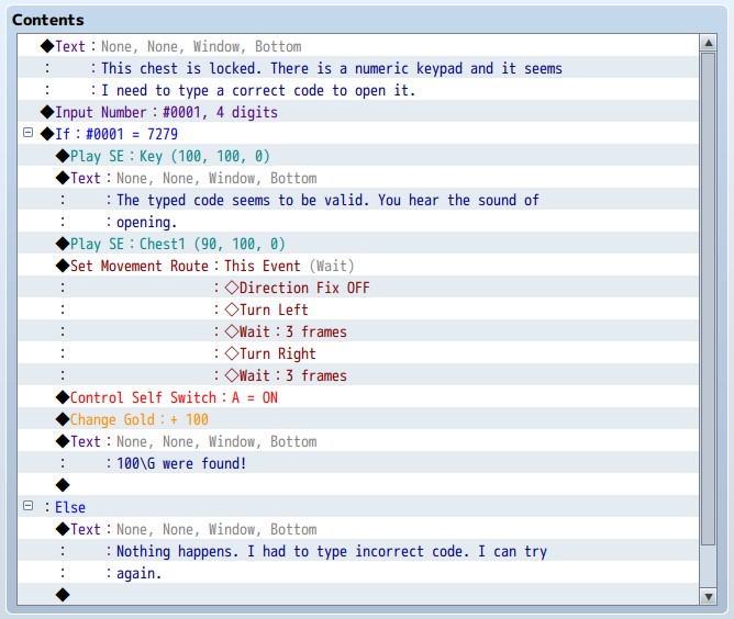 Okno zdarzeń skrzyni zamkniętej na kod w "RPG Maker MZ"