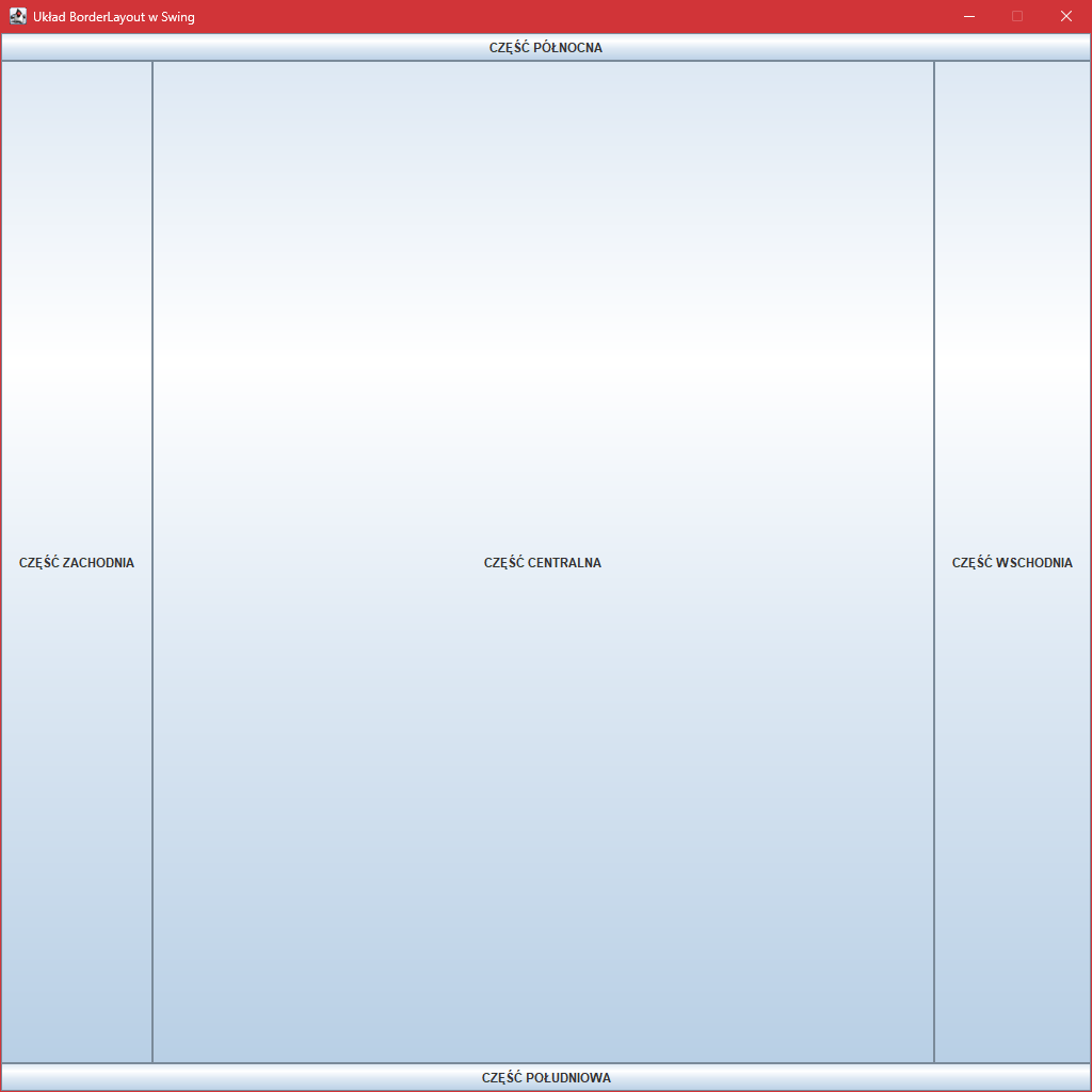 Wygląd okna z układem "BorderLayout" w "Swing"
