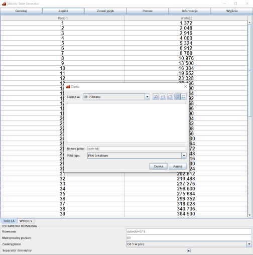 "Statistic Table Generator" - widok okna zapisu "Statistic Table Generator" - widok okna zapisu